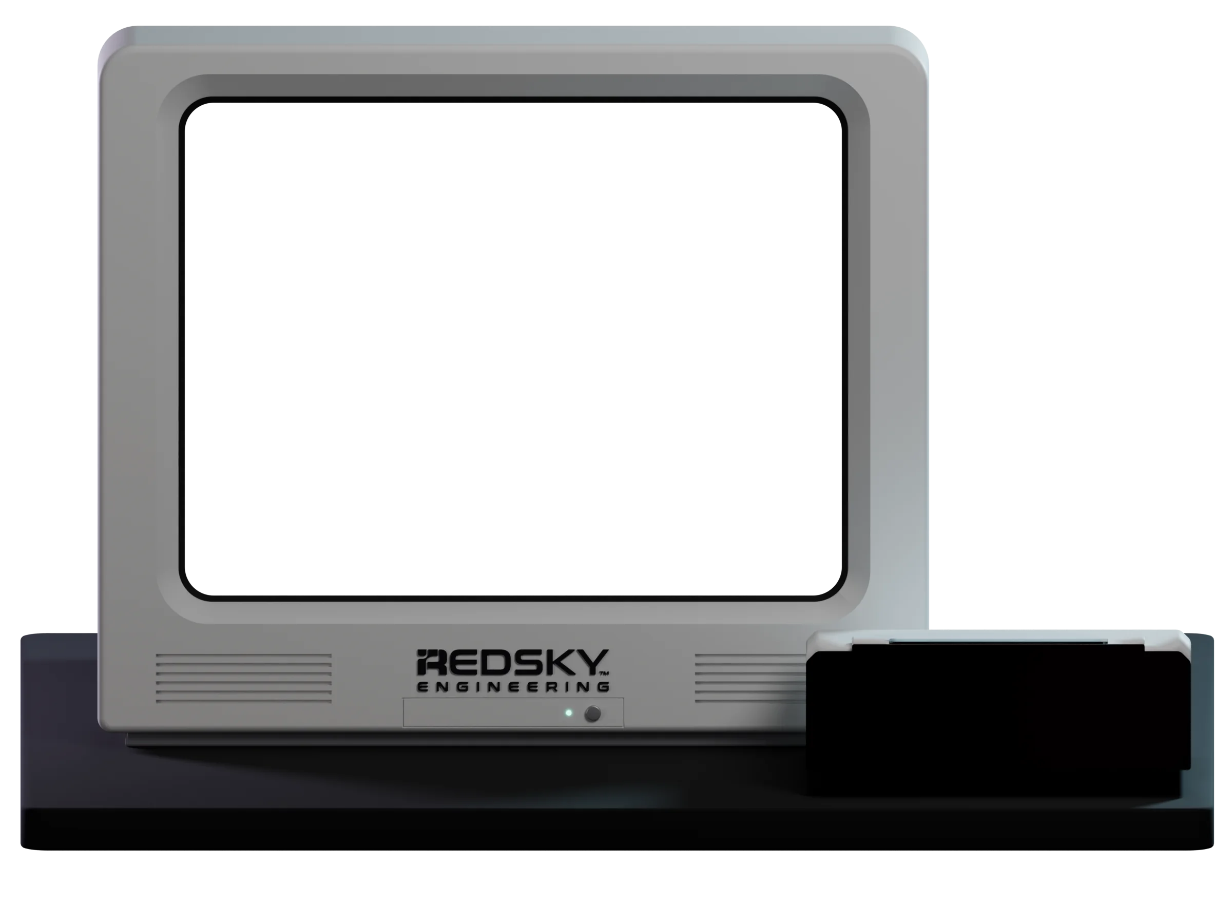 A silver 1990s CRT television on a dark table, with a RedSky game console in front of it