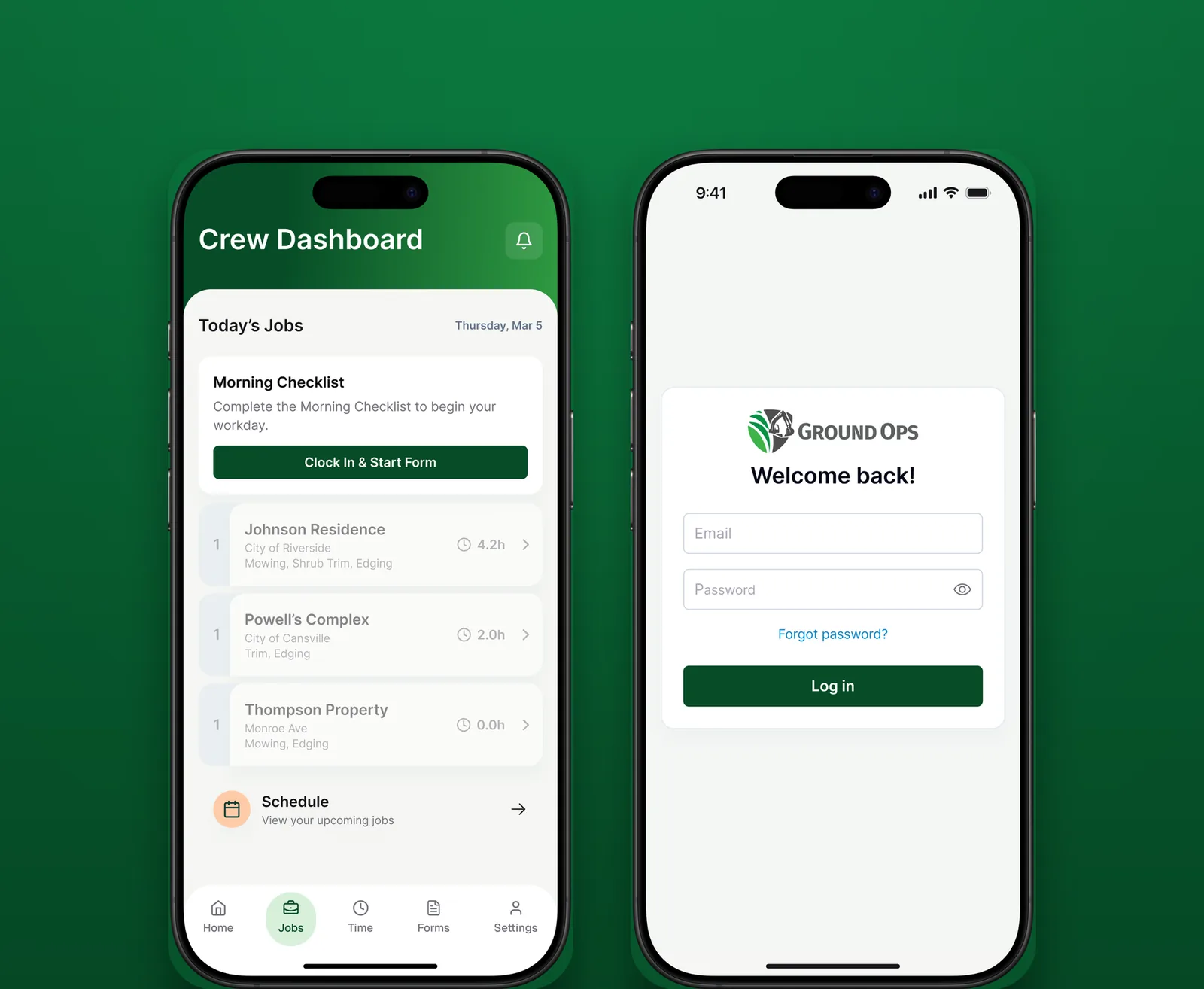 GroundOps mobile app screens, the crew dashboard and the sign-in screen, on a green background