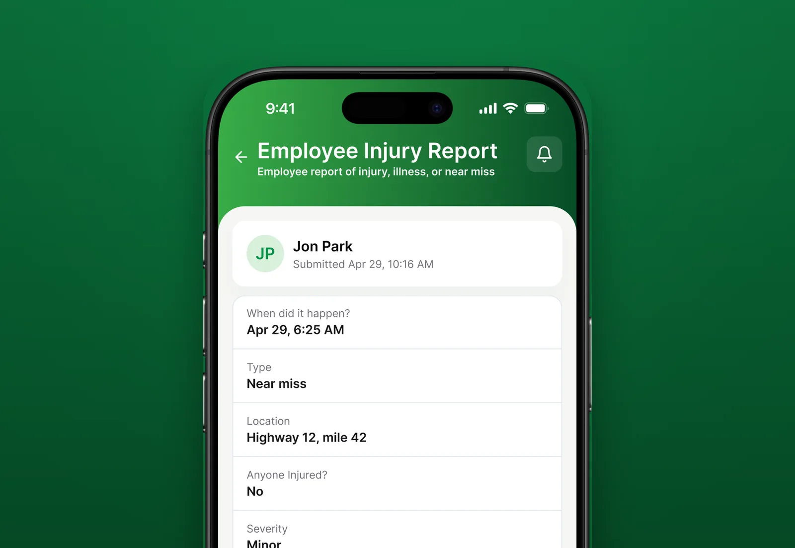 GroundOps mobile app showing an employee injury report form, on a green background