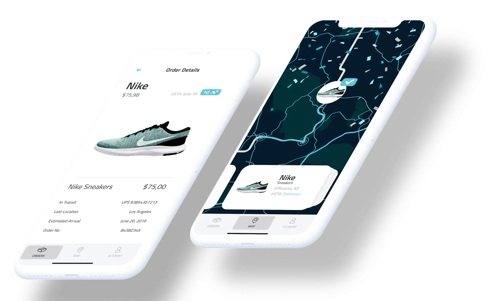 Route app screens tracking a sneaker order, with the delivery on a map