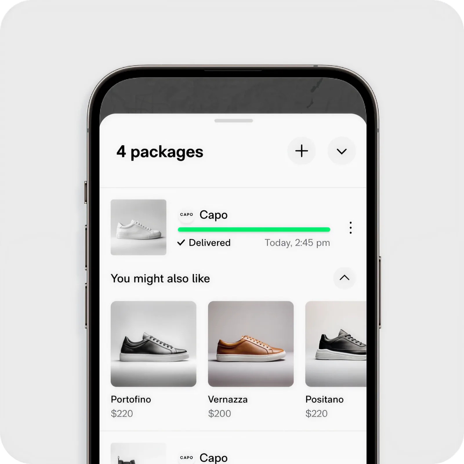 Route app showing four delivered packages and product recommendations