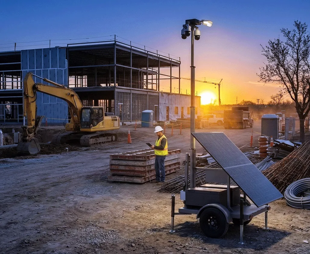 A SiteStream solar-powered surveillance trailer on a construction site at sunset