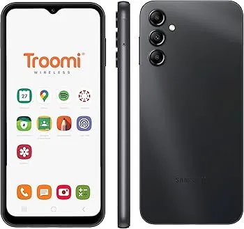 A Troomi Wireless Samsung phone, front with its kid-safe home screen and back