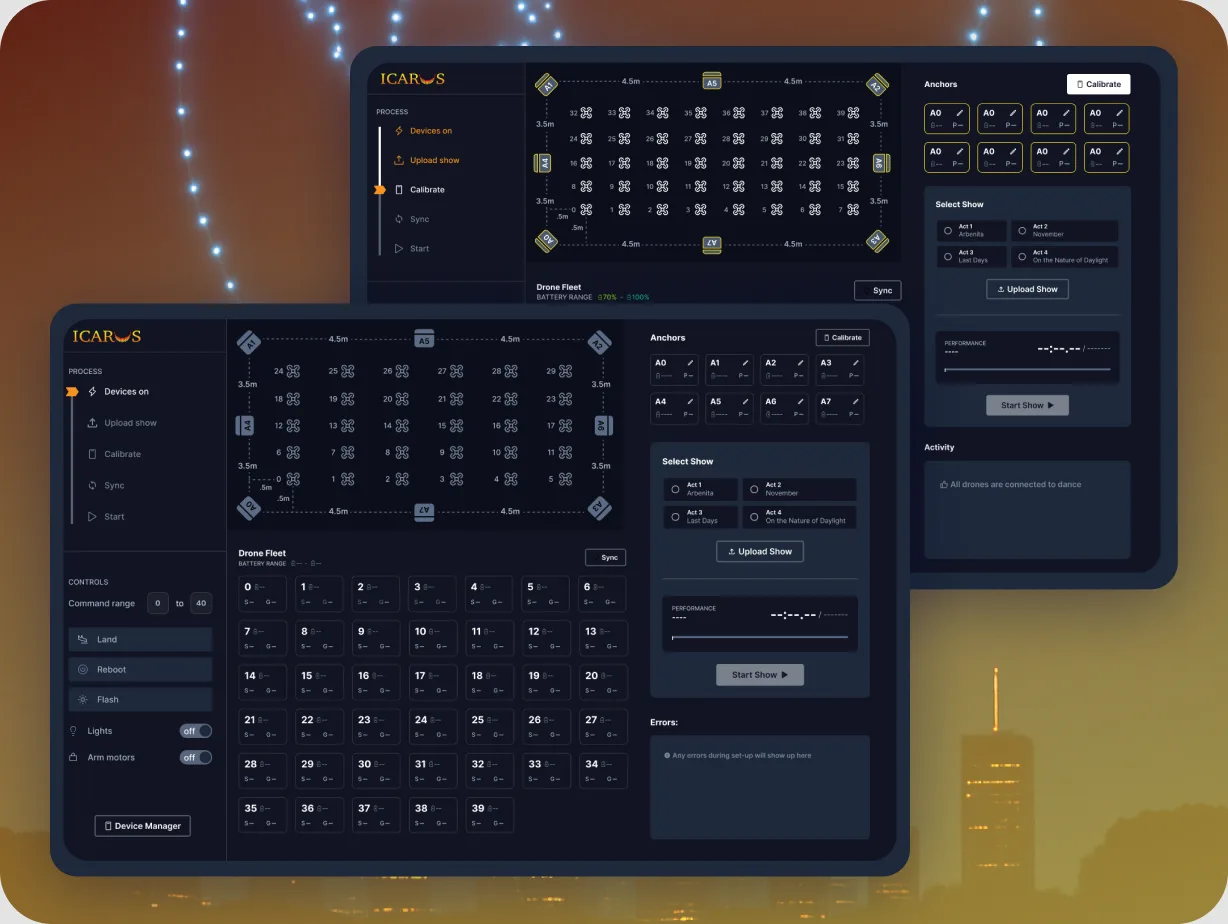 Icarus drone fleet control app on two tablets, with a drone light show behind